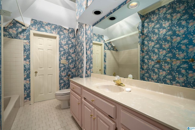 full bathroom with lofted ceiling, bathtub / shower combination, tile patterned flooring, vanity, and toilet