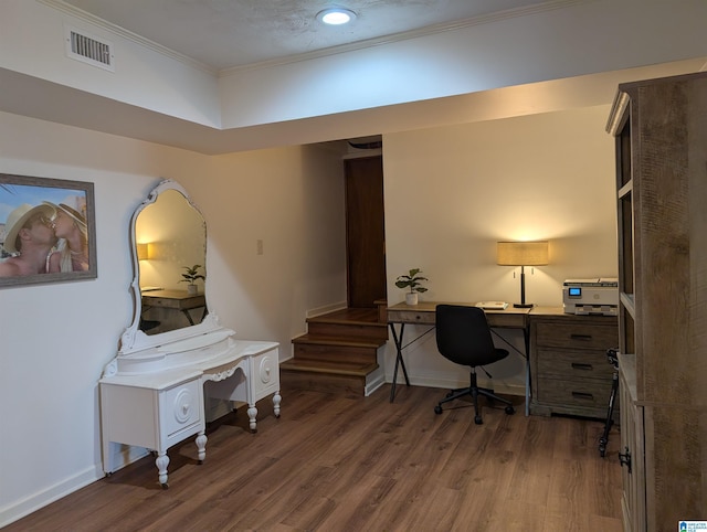 office featuring dark wood-type flooring and ornamental molding