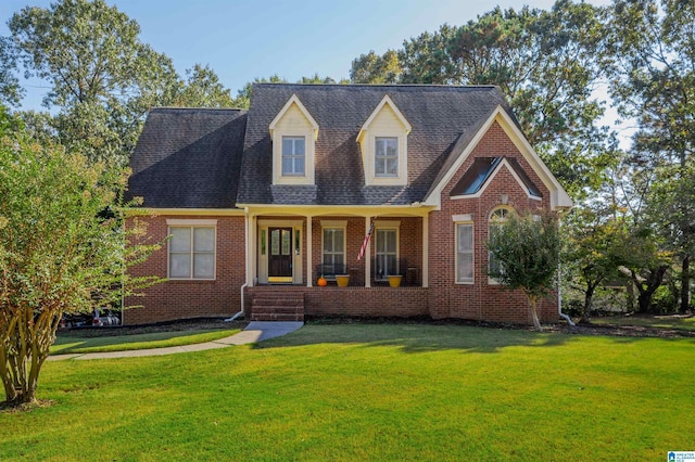 cape cod-style house featuring a front yard and covered porch