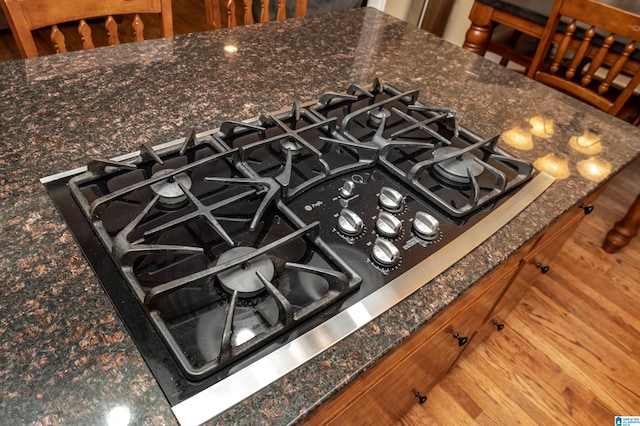 interior details with stainless steel gas stovetop and dark stone counters