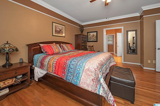 bedroom with ceiling fan, ornamental molding, ensuite bathroom, and light hardwood / wood-style flooring