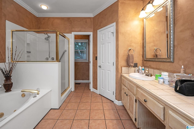 bathroom featuring crown molding, vanity, independent shower and bath, and tile patterned flooring