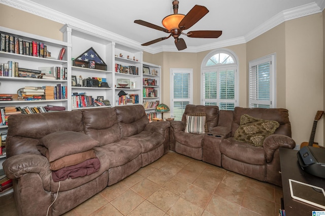 living room with ceiling fan and ornamental molding