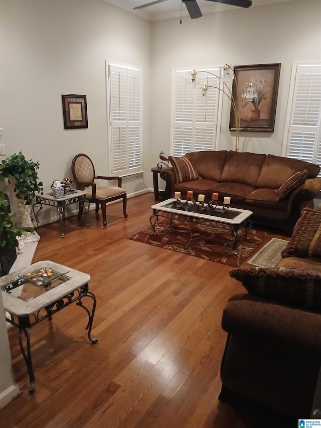 living room featuring ceiling fan and wood-type flooring