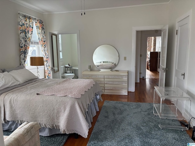 bedroom featuring dark hardwood / wood-style flooring and ornamental molding