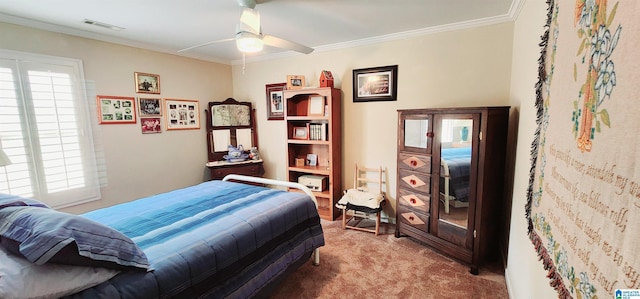 carpeted bedroom featuring multiple windows, crown molding, and ceiling fan