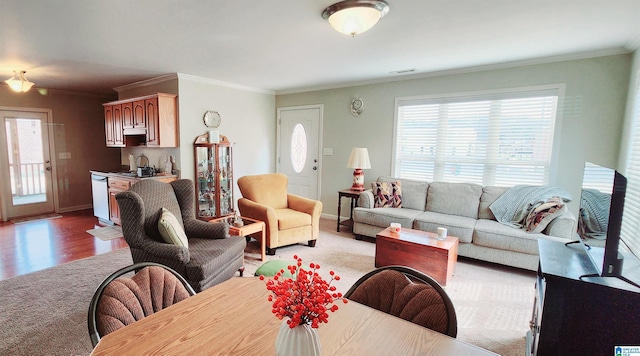 living room featuring crown molding, sink, and light wood-type flooring