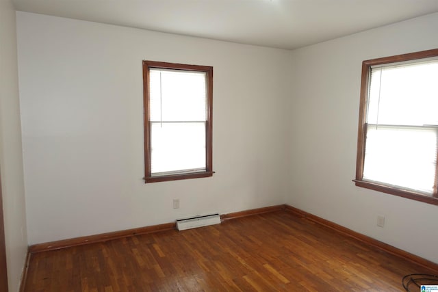 empty room with dark wood-type flooring and baseboard heating