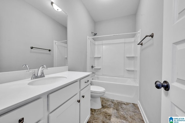 full bathroom with vanity, bathing tub / shower combination, and toilet