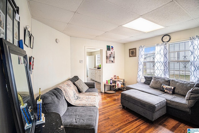 living room with dark hardwood / wood-style floors and a paneled ceiling