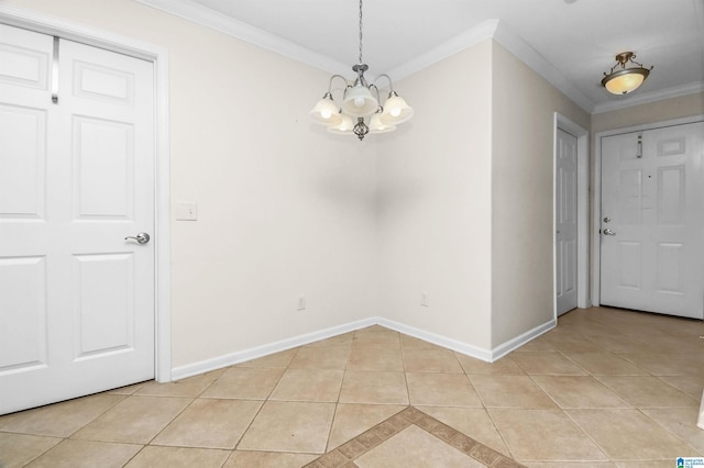 interior space with crown molding, a chandelier, and light tile patterned floors