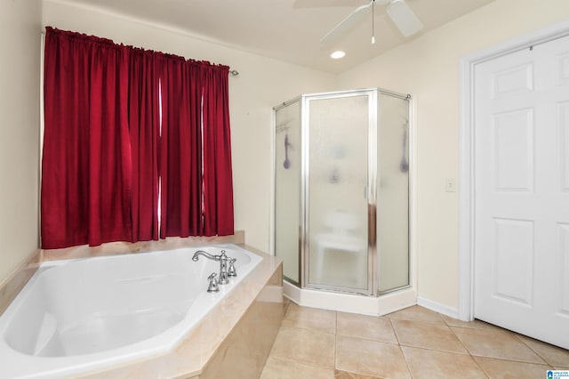 bathroom featuring tile patterned floors, shower with separate bathtub, and ceiling fan