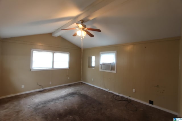 empty room featuring cooling unit, vaulted ceiling with beams, ceiling fan, and carpet flooring