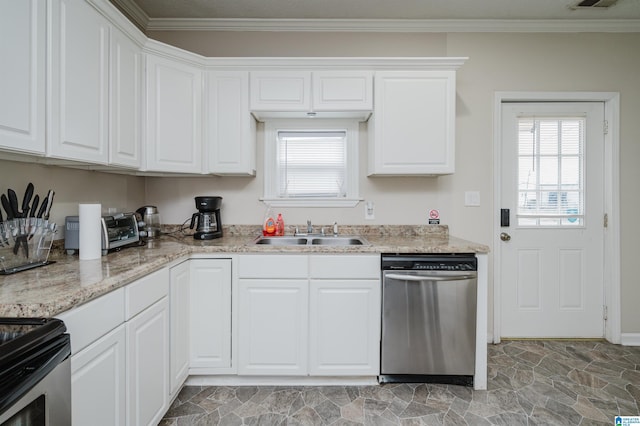 kitchen with sink, white cabinetry, light stone counters, ornamental molding, and appliances with stainless steel finishes