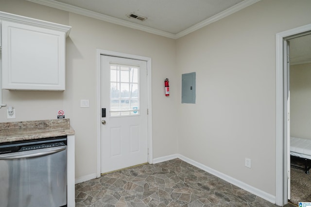 doorway to outside with ornamental molding and electric panel