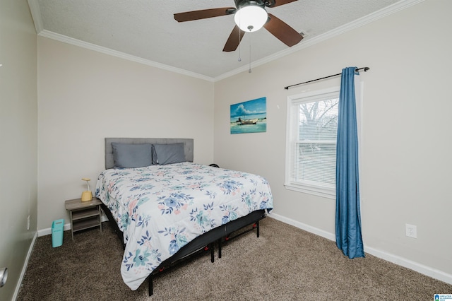 bedroom with ceiling fan, ornamental molding, and carpet