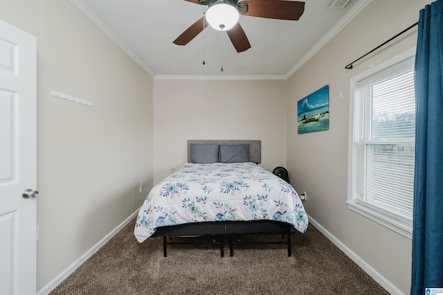 bedroom with crown molding, carpet flooring, and ceiling fan