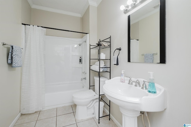 bathroom with shower / bathtub combination with curtain, ornamental molding, tile patterned floors, and toilet