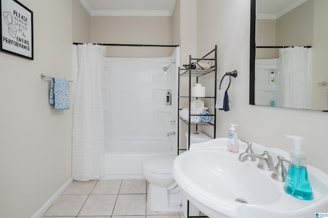 full bathroom with sink, ornamental molding, toilet, shower / bathtub combination with curtain, and tile patterned floors