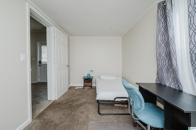 carpeted office with a textured ceiling