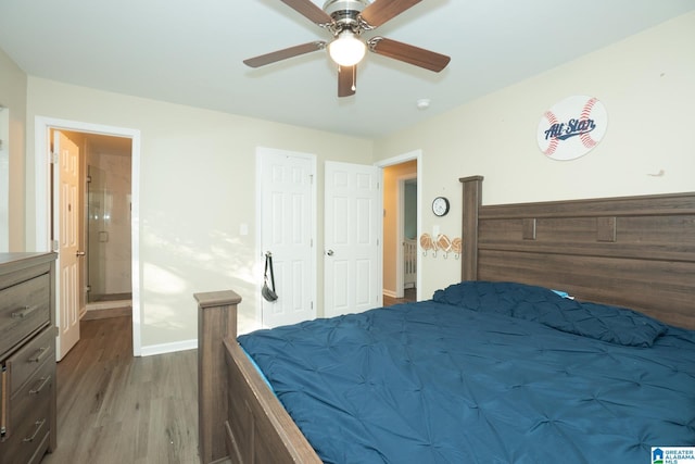 bedroom with ceiling fan and light wood-type flooring