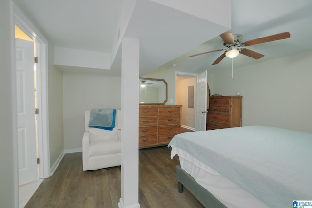 bedroom featuring ceiling fan, electric panel, and dark hardwood / wood-style flooring