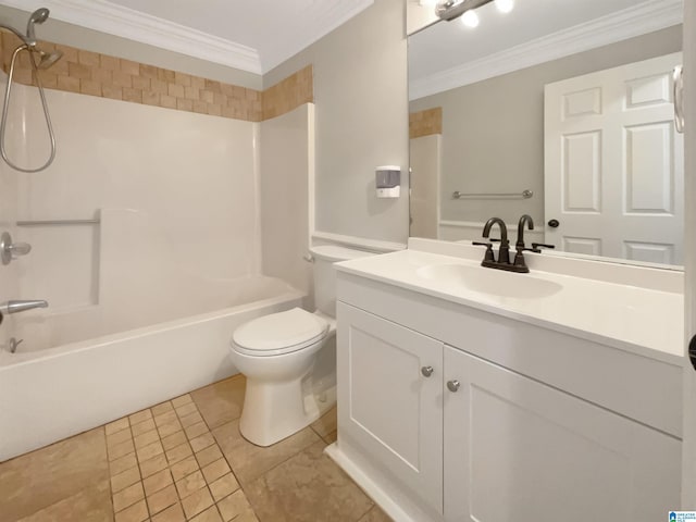 full bathroom featuring toilet, ornamental molding, vanity, shower / bath combination, and tile patterned flooring