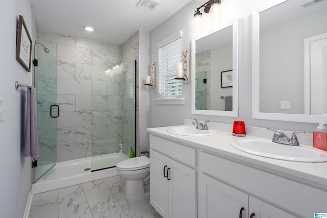121 Palmer Cv, Birmingham, AL 35242 - bathroom with marble finish flooring, a marble finish shower, double vanity, and recessed lighting