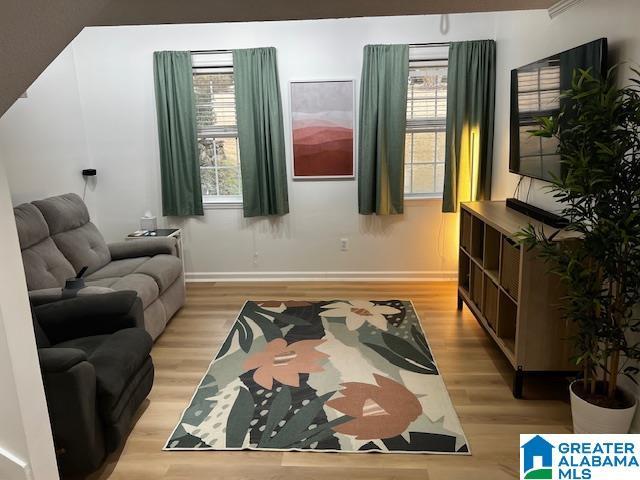 living room featuring a wealth of natural light and light hardwood / wood-style flooring