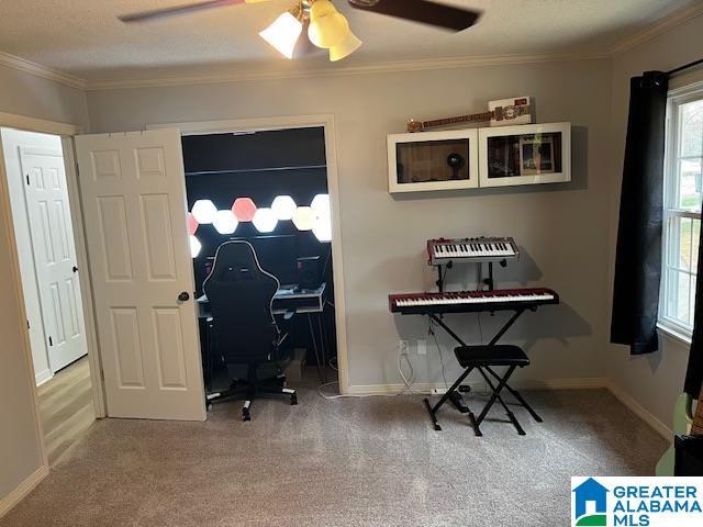 carpeted office featuring ceiling fan and ornamental molding