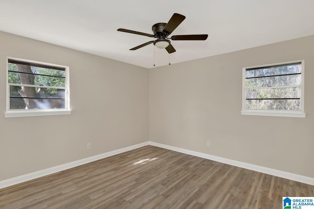 empty room with a wealth of natural light, baseboards, and wood finished floors