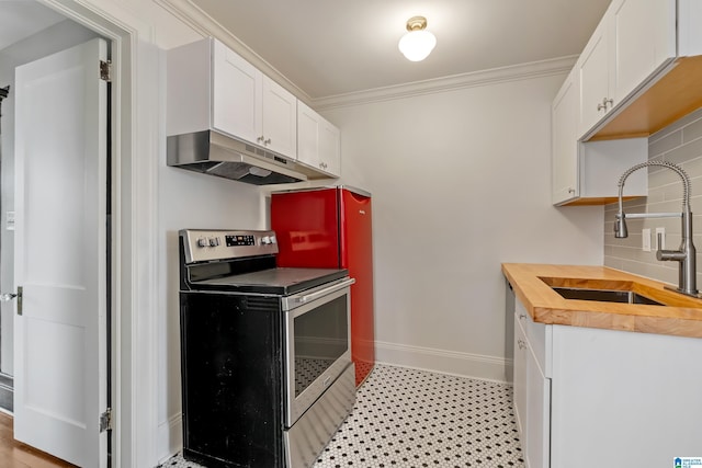 kitchen with sink, crown molding, white cabinetry, backsplash, and stainless steel electric stove