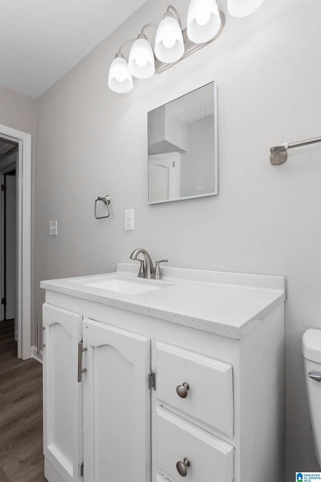 bathroom with vanity, hardwood / wood-style floors, and toilet