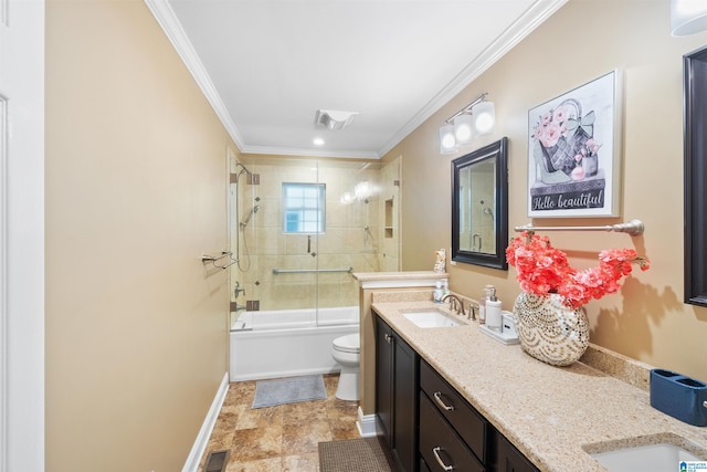 full bathroom with crown molding, combined bath / shower with glass door, vanity, and toilet