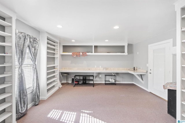 interior space featuring carpet floors and built in desk