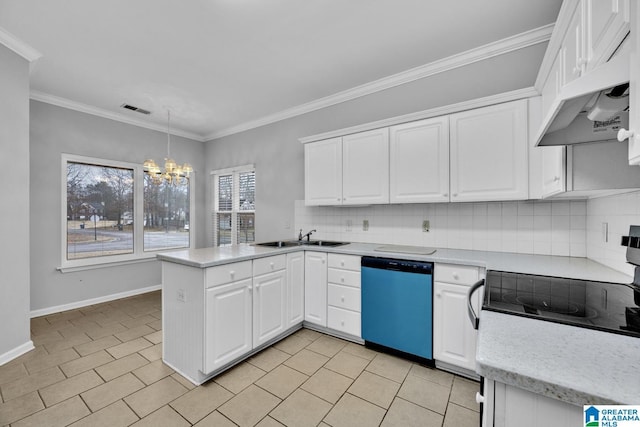 kitchen featuring kitchen peninsula, hanging light fixtures, sink, appliances with stainless steel finishes, and white cabinets