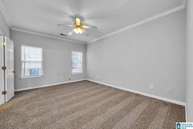 carpeted empty room featuring crown molding and ceiling fan