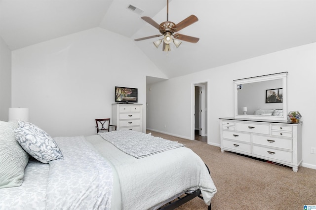 bedroom featuring baseboards, visible vents, ceiling fan, and light colored carpet