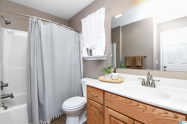 full bath with toilet, tile patterned flooring, shower / tub combo with curtain, and vanity