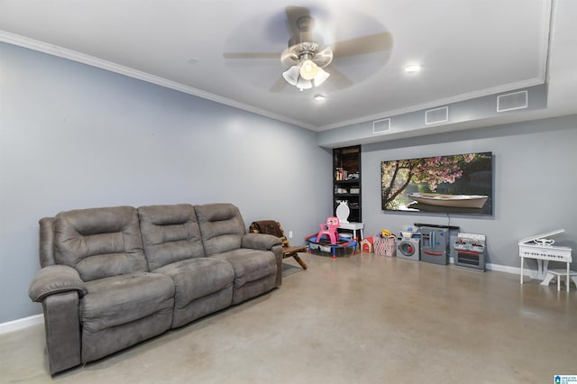 living room featuring ornamental molding, visible vents, concrete floors, and baseboards