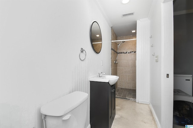 full bath with toilet, concrete floors, vanity, visible vents, and a shower stall