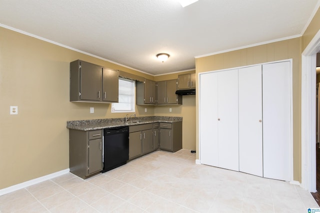 kitchen with ornamental molding, black dishwasher, light tile patterned flooring, and stone countertops