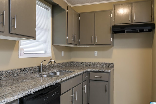 kitchen with dishwasher, sink, gray cabinetry, and ornamental molding