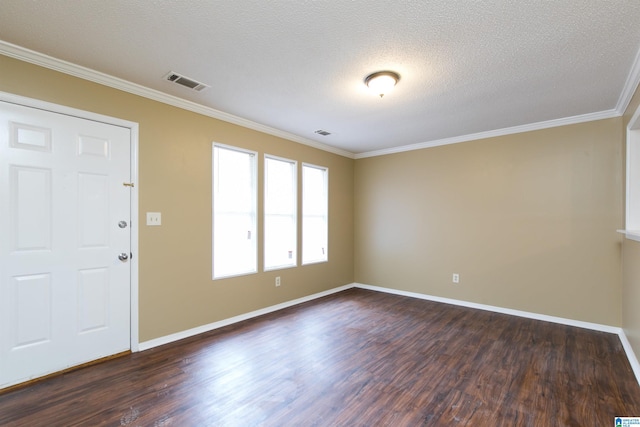 interior space with crown molding, dark hardwood / wood-style floors, and a textured ceiling