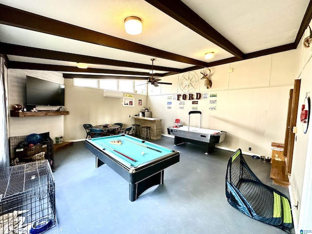 rec room with beamed ceiling, ceiling fan, billiards, and concrete floors