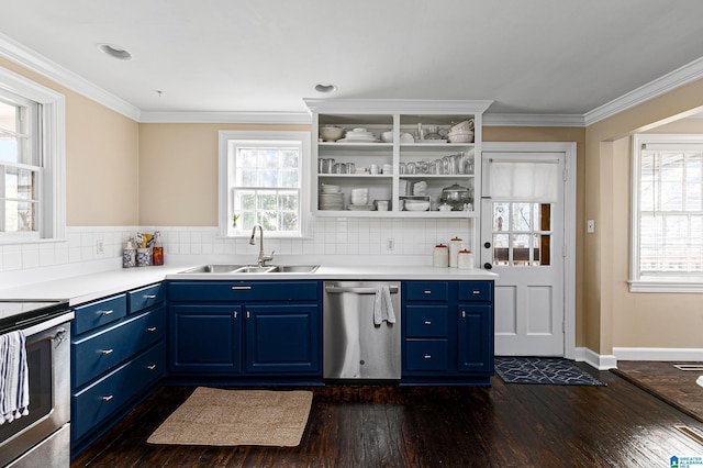 kitchen with blue cabinetry, dark wood-type flooring, sink, crown molding, and appliances with stainless steel finishes