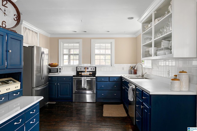 kitchen with ornamental molding, appliances with stainless steel finishes, sink, and blue cabinetry