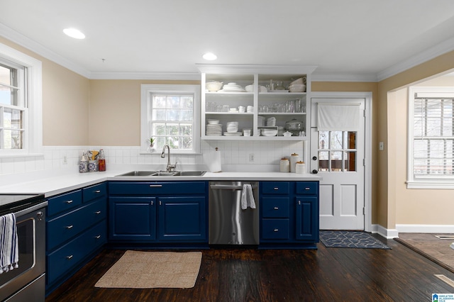 kitchen with sink, crown molding, dark wood-type flooring, stainless steel appliances, and blue cabinets