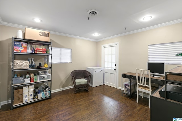 home office featuring crown molding and dark hardwood / wood-style floors