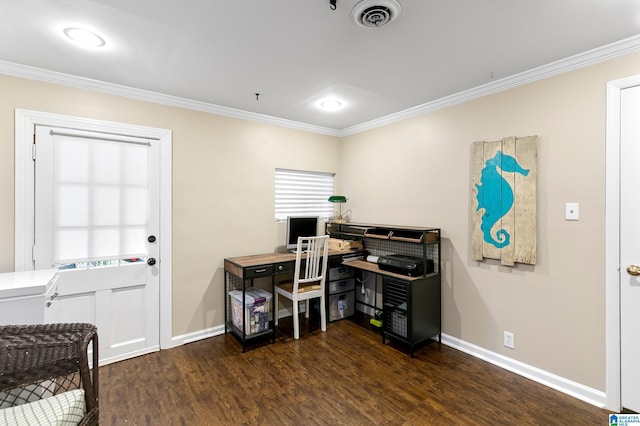 office featuring dark wood-type flooring and ornamental molding